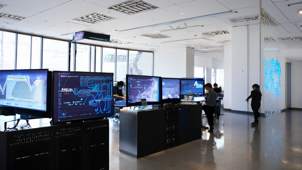 现代化办公室中员工利用AI技术进行邮件营销，墙上展示AI邮件营销流程图，角落有DeepSeek R1增强版标志。