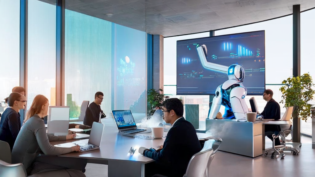 现代化办公室内的员工正在利用AI技术进行高效的邮件营销工作