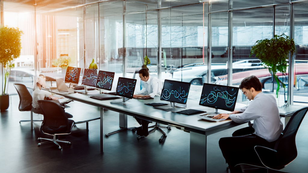 Modern office employees utilizing AI technology for email marketing data analysis