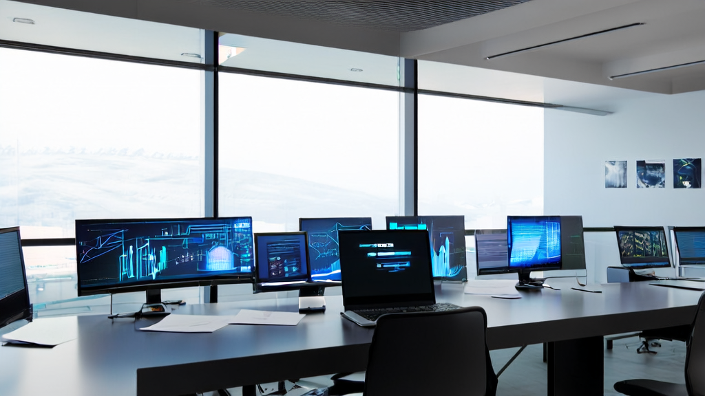 A modern office setting for AI email marketing, with sunlight streaming through floor-to-ceiling windows, illuminating a workspace with unopened emails and a laptop displaying the DeepL intelligence interface.