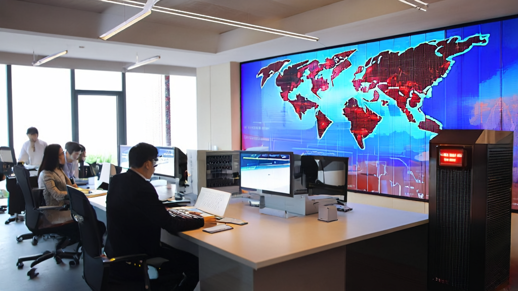 现代化办公室中员工使用AI邮件润色工具处理外贸邮件，旁边是英伟达AI芯片服务器