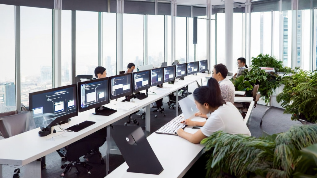 现代化办公室内的外贸业务员使用AI邮件润色工具处理邮件，阳光透过大窗户洒进来，营造出积极向上的工作氛围。