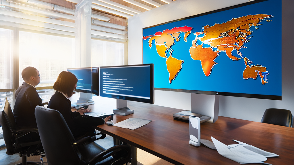 Modern office where export business staff are processing emails using AI email polishing tools