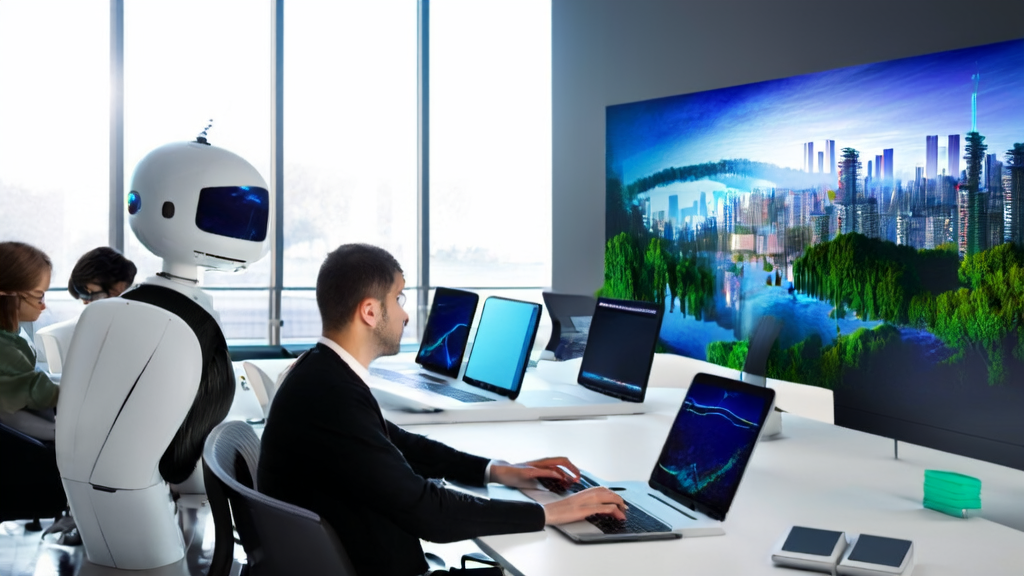 Scene of employees working in a modern office using AI email polishing tools