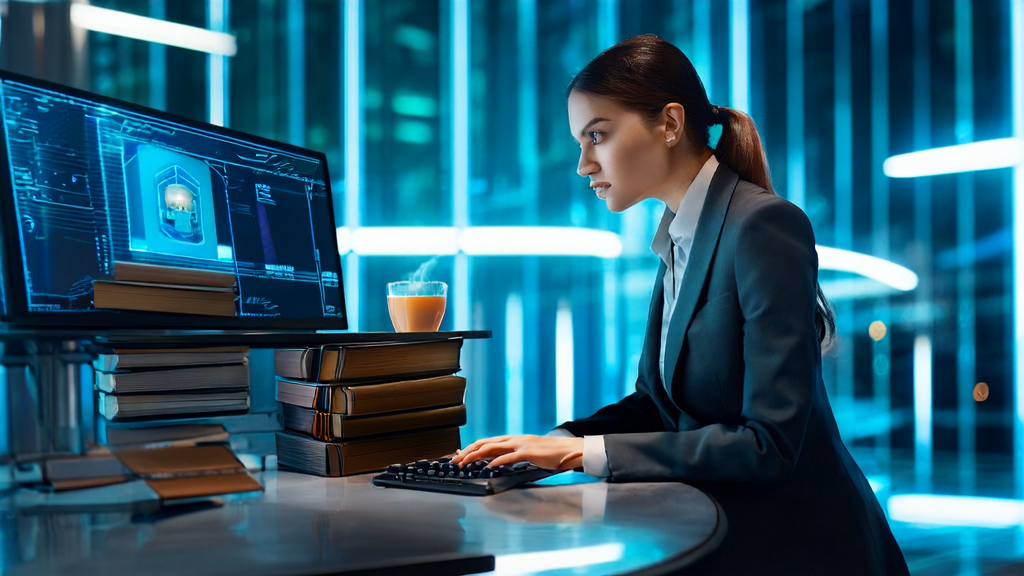 Professional woman in a modern office using AI email polishing tools