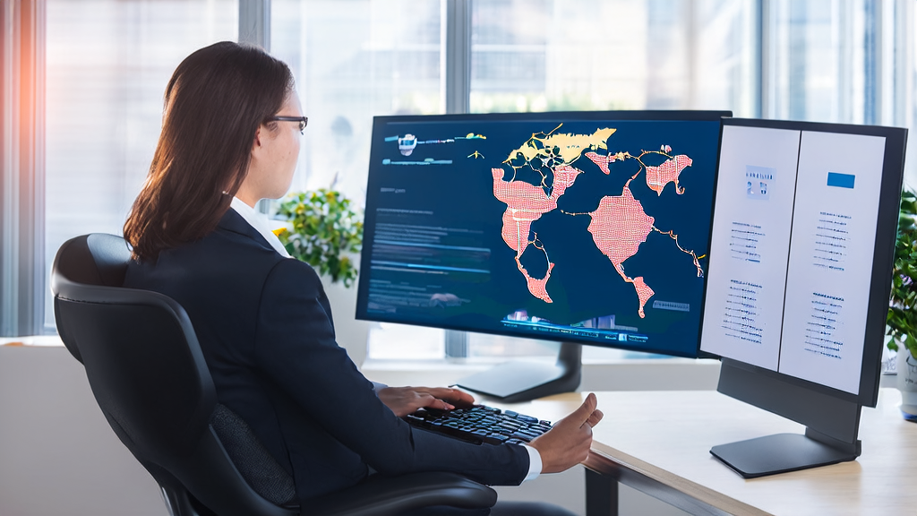 Modern office where a foreign trade clerk is using an AI email polishing tool to write professional emails