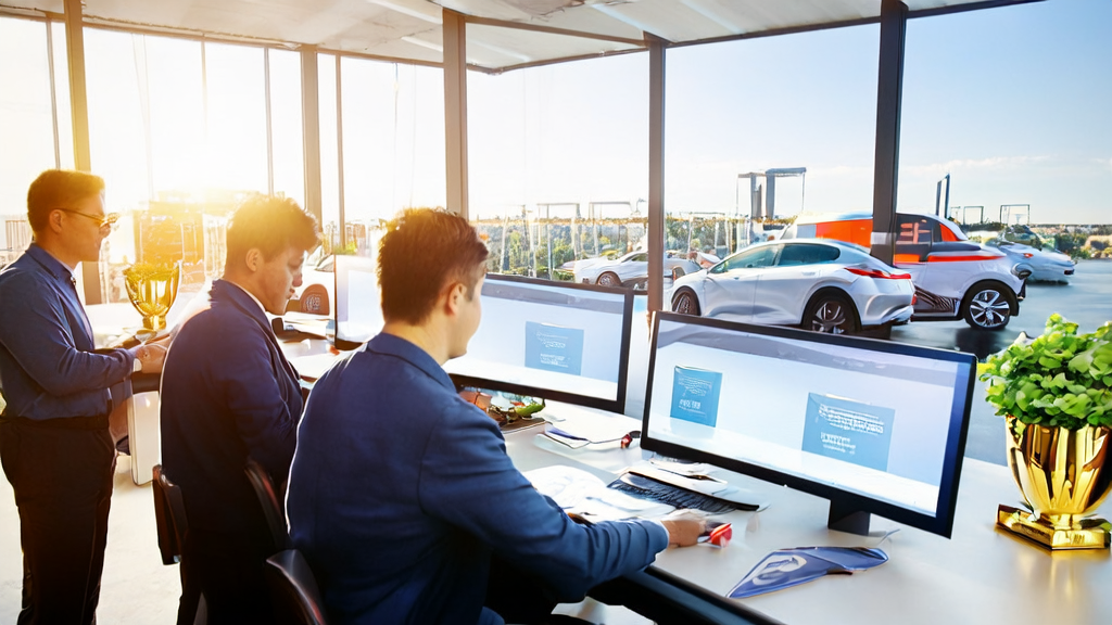 Modern office with foreign trade staff using AI email tools, Tesla Robotaxi fleet outside the window