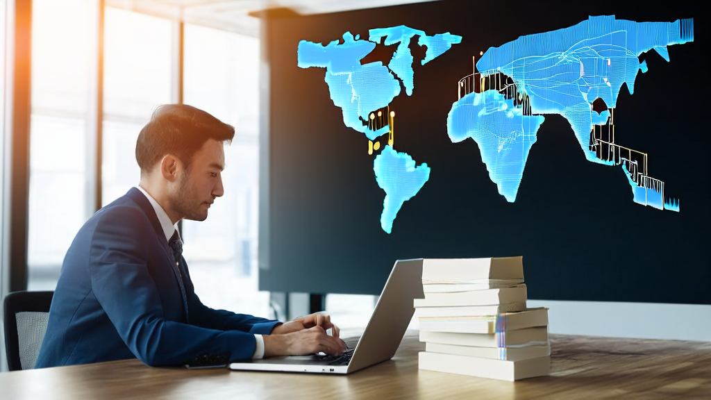 A business professional in a modern office using an AI guest acquisition system for email marketing tasks