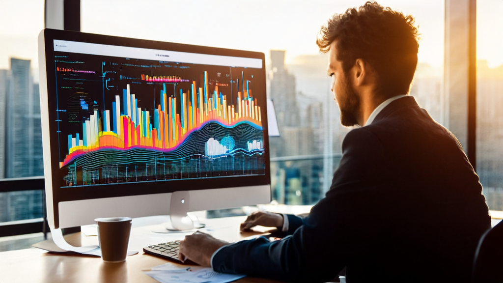 Employees in a modern office using AI technology for customer data analysis