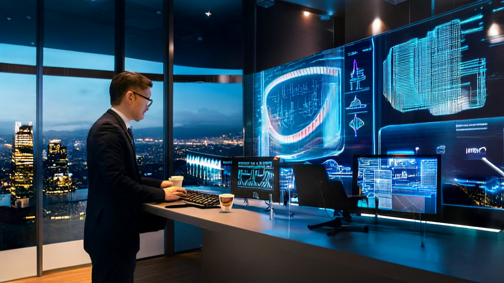 In a modern office, a business professional is using AI technology for email marketing strategy analysis, with the Grok4 logo and real-time data displayed on the wall.