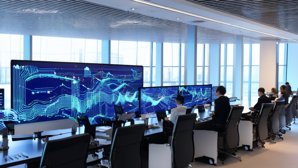 Employees in a modern office using AI technology for marketing analysis and strategy planning