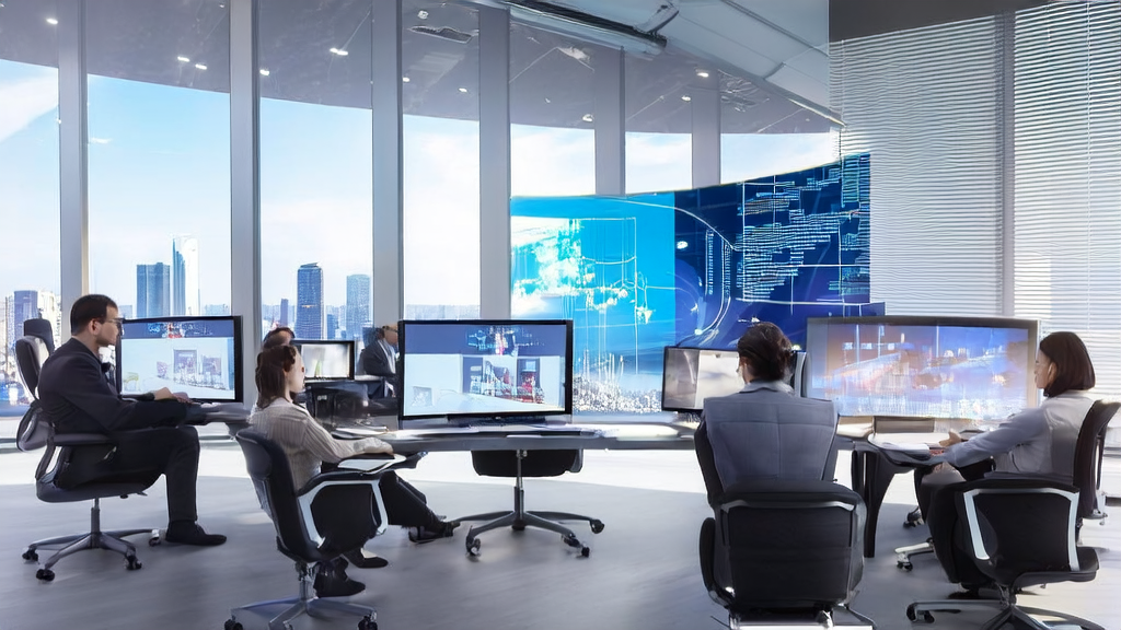 Modern office where employees use AI technology for smart marketing automation analysis