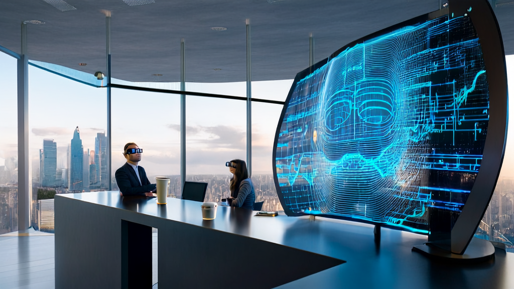 Employees in a modern office using GPT-5 and AI technology for marketing data analysis and strategy discussions