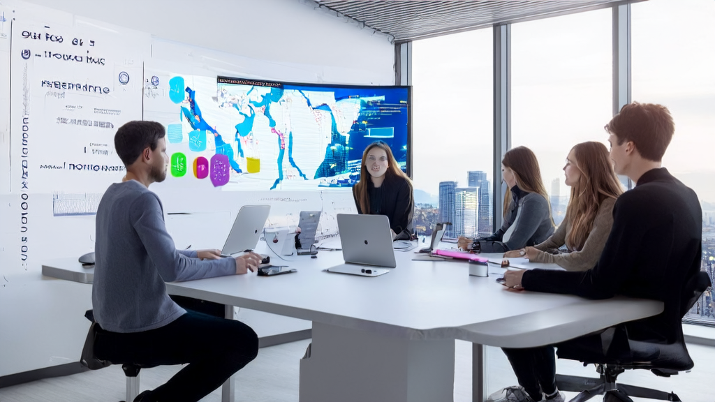 A modern office where a marketing team is discussing how to enhance customer experience and acquisition efficiency using ElevenLabs V3 voice model