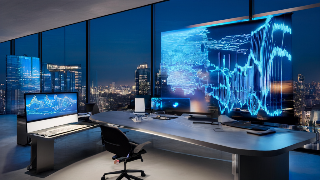 A modern office with a technological ambiance, showcasing AI marketing applications and the latest API introductions