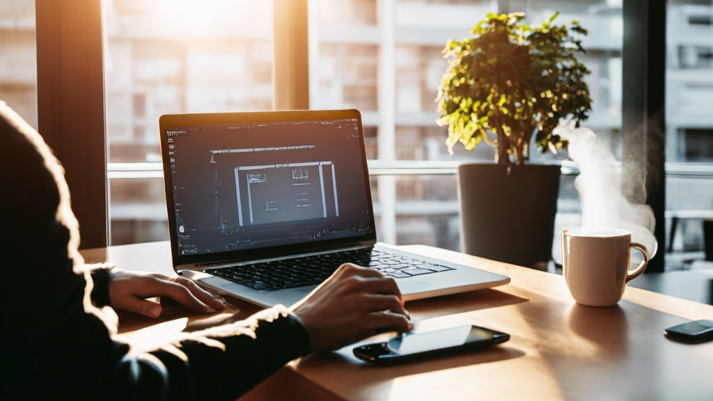 A modern office illuminated by sunlight, where an employee is using Doba's AI podcast feature for email marketing tasks