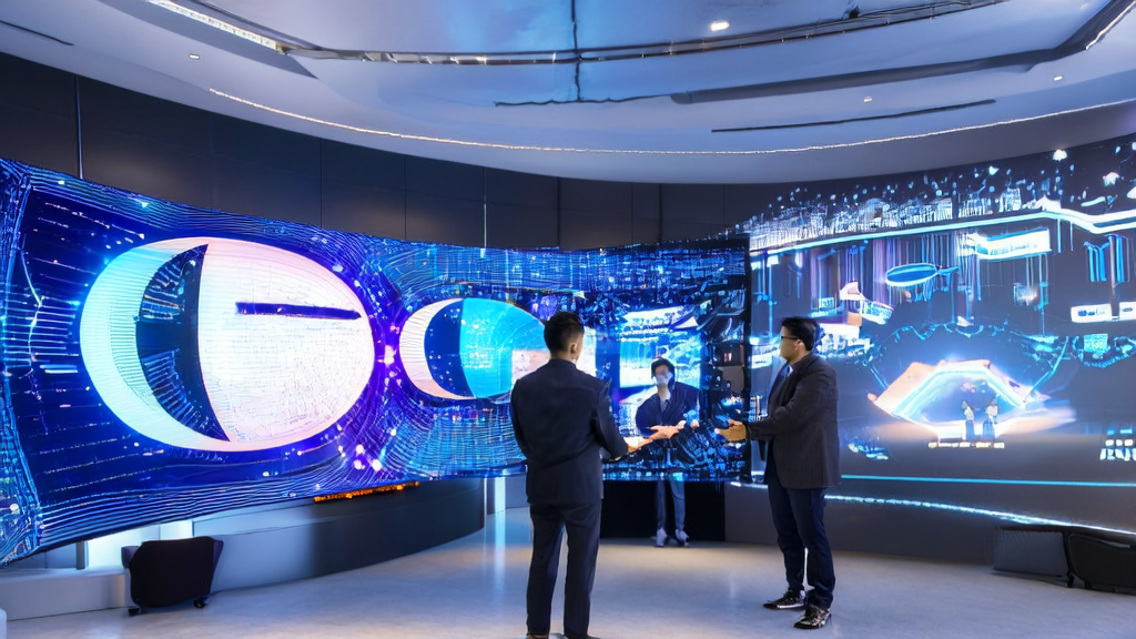 现代化办公室内展示AI预测模型和HeyGen UGC广告数字人生成的产品介绍视频