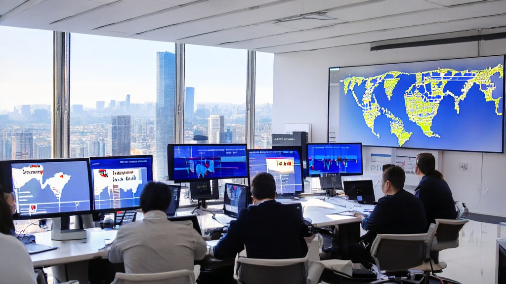 现代化办公室中员工使用AI预测模型处理外贸订单