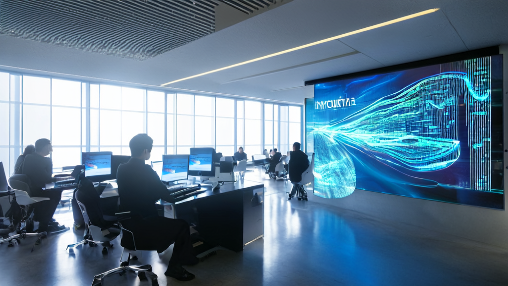 Programmers working diligently in a modern office with Cline's logo and a transparent display screen in the background