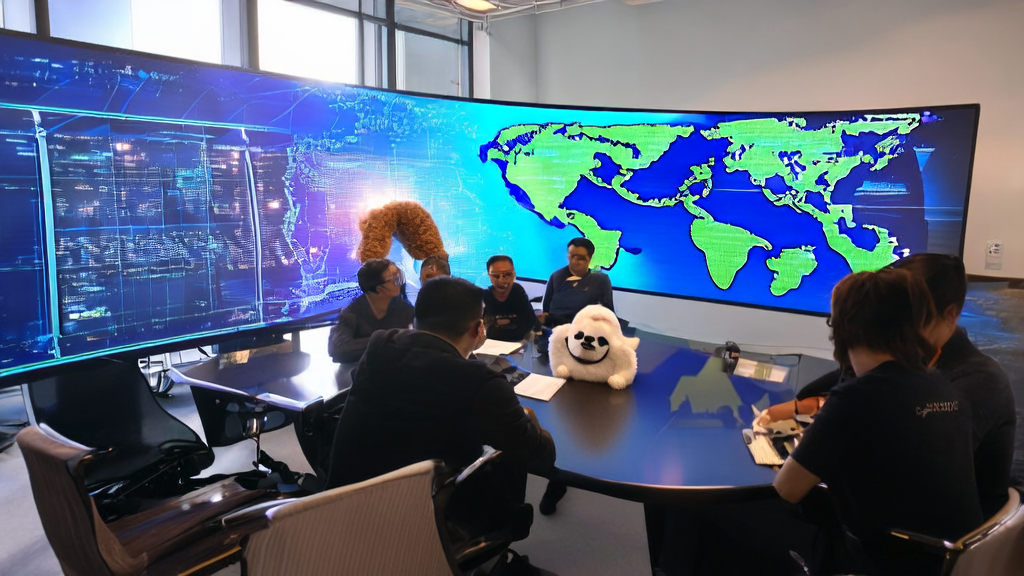 A modern office illuminated by sunlight, where employees are using an AI programming platform for customer data analysis. A world map on the background wall shows the company's global business coverage, and a wool felt panda with a wide-brimmed hat sits in the corner.