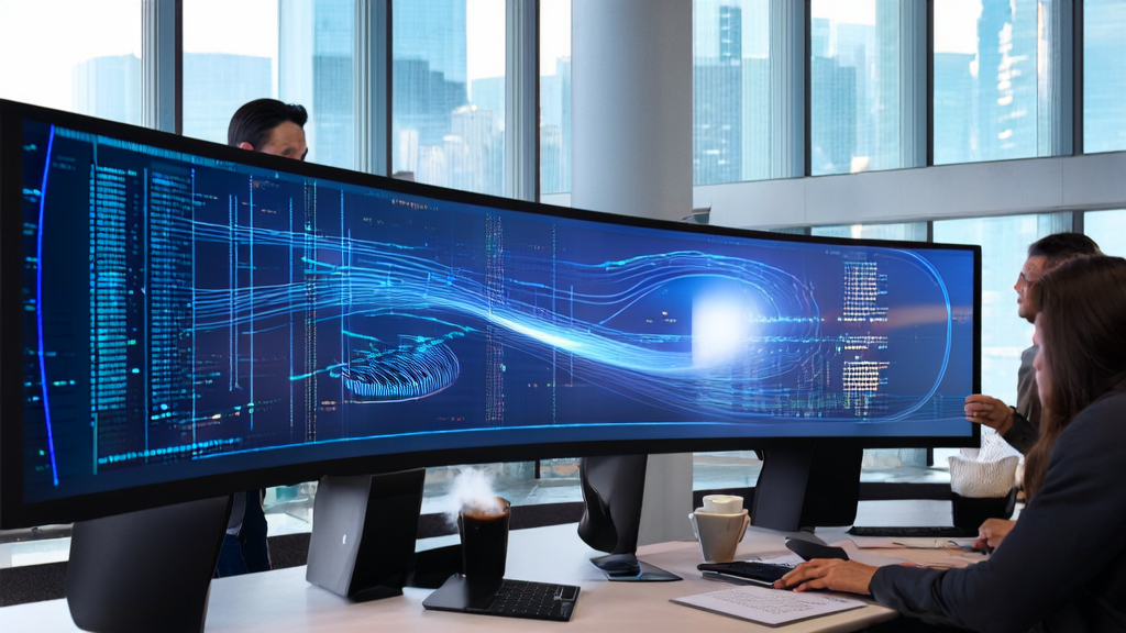 现代办公室内员工使用AI客户筛选工具工作的场景