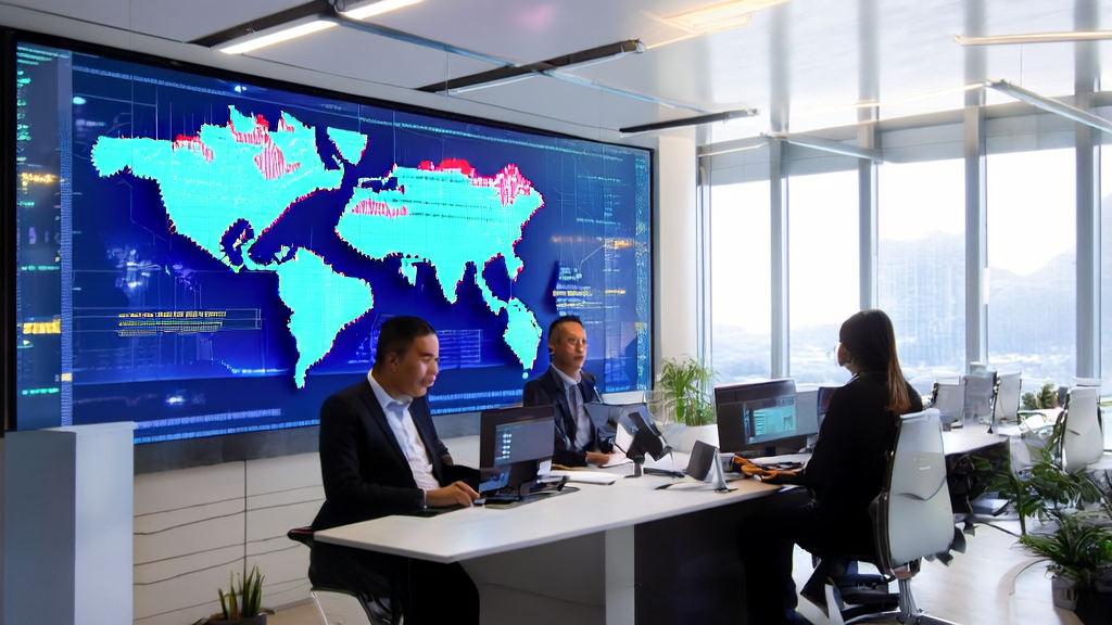 In a modern office, export business personnel use AI software to analyze international market data, with an efficiently running server in the background.