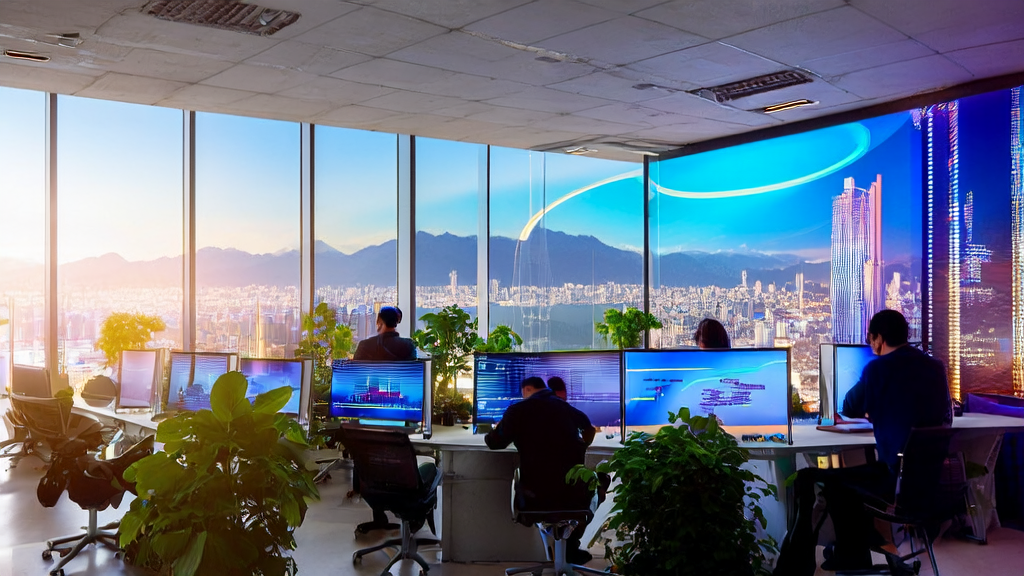 Employees in a modern office using the QueWi AI system for customer acquisition and data analysis