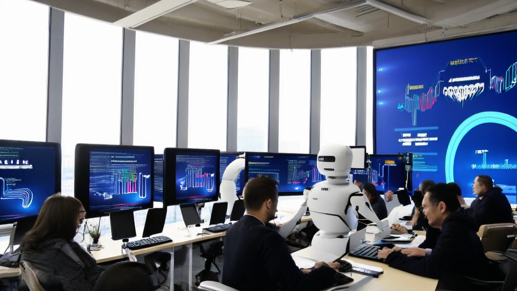现代化办公室中，员工们正在使用Qwen3进行个性化邮件营销，展示了AI技术的应用。