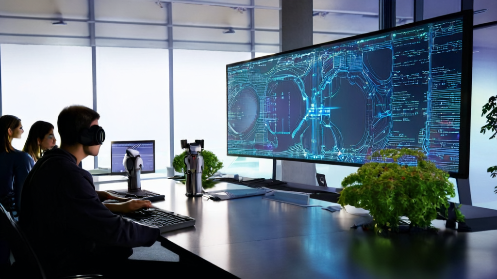 A modern office bathed in sunlight, where engineers are working on AI algorithms and the S1-Mini model