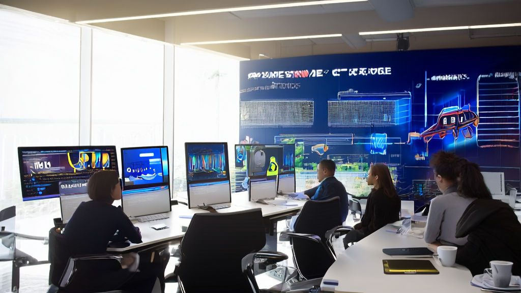 现代化办公室内员工正在利用AI技术进行客户数据采集和邮件营销