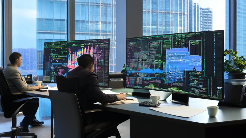 Employees in a modern office using AI technology to optimize email marketing