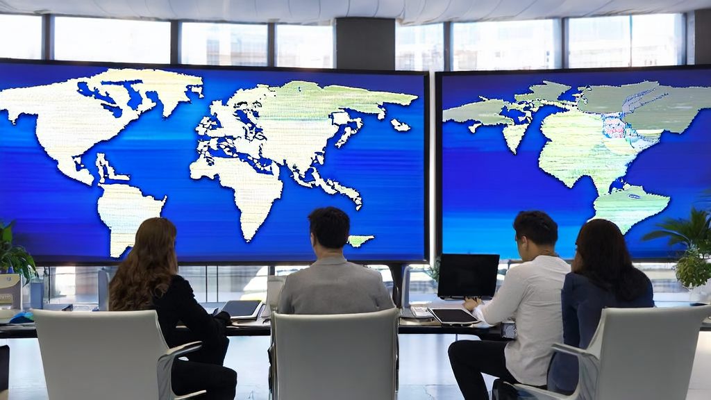 充满科技感的现代化办公室里，员工们正在使用HeyGen AI视频Agent生成营销视频