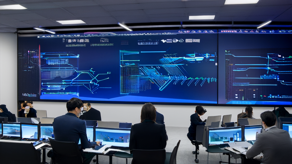 充满科技感的现代办公室，员工利用AI工具进行客户数据采集和分析