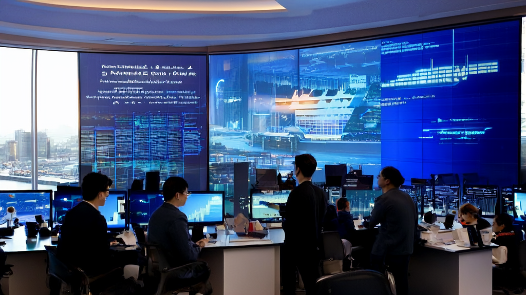 Data analysts in a modern office using AI technology for customer data cleaning, with a backdrop of a bustling city skyline