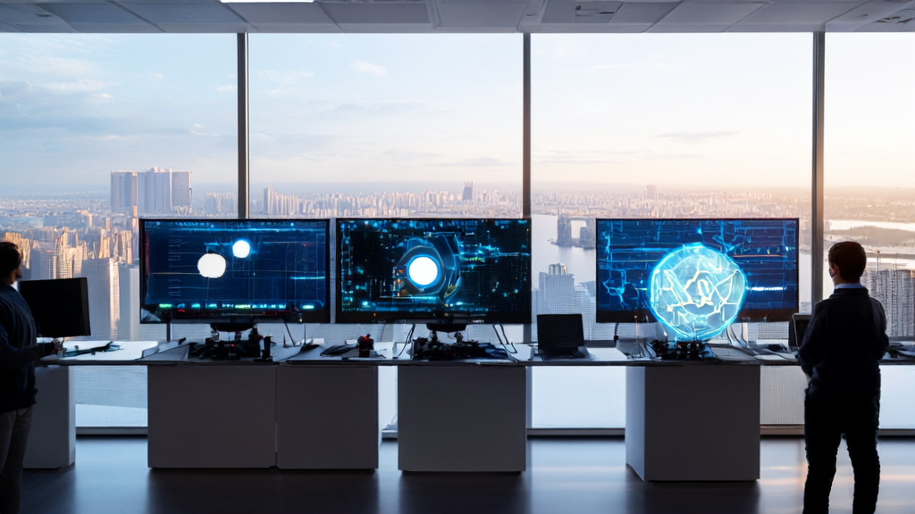 Modern office where employees use AI technology to process global customer data, with a city skyline in the background and a Google AlphaEarth virtual satellite model on the desk