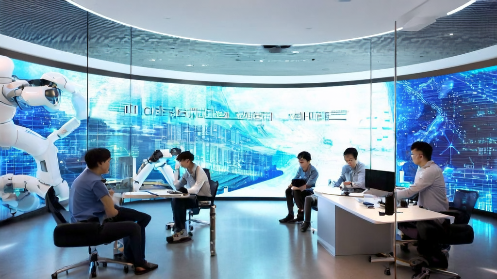 充满科技感的现代办公室，展示AI技术应用和数据分析