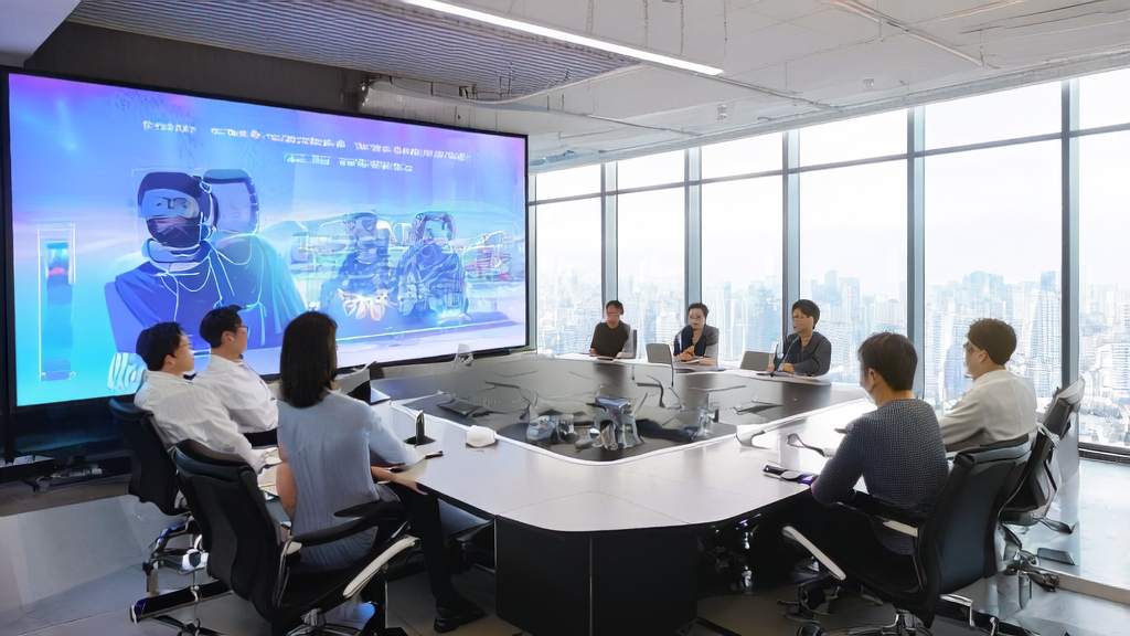 On a sunny morning, a team in a modern foreign trade company office uses an AI intelligent acquisition system to analyze customer data, with art created by Tencent's AI painting technology on display.