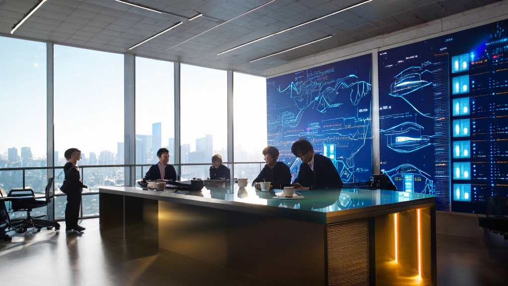 A modern office bathed in sunlight where engineers are developing AI technology to revolutionize B2B customer acquisition strategies
