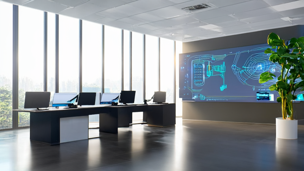 现代化办公室中展示AI技术的应用，包括Meta的DreamGym框架