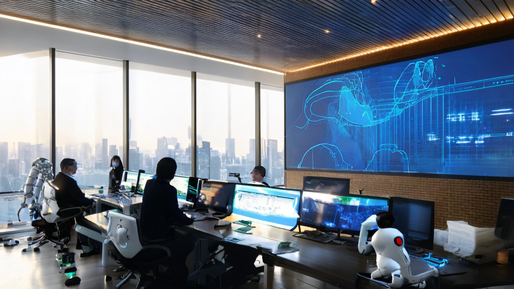 Employees in a modern office using AI technology for customer acquisition and data analysis