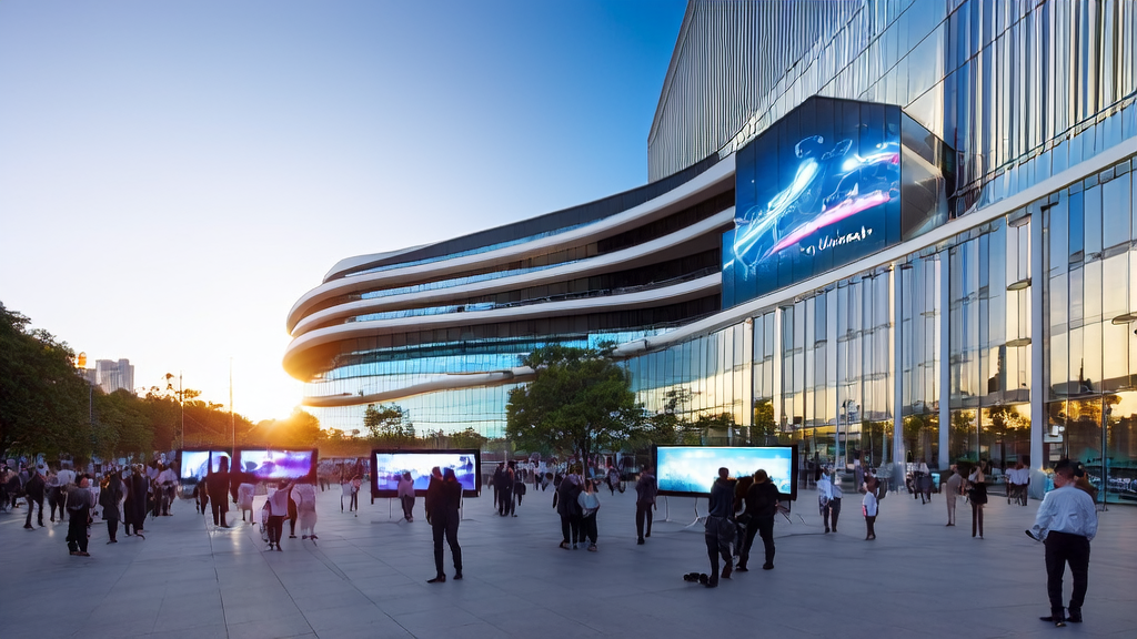 A modern office building showcasing the latest AI technology, attracting entrepreneurs to discuss optimizing e-commerce customer acquisition strategies.