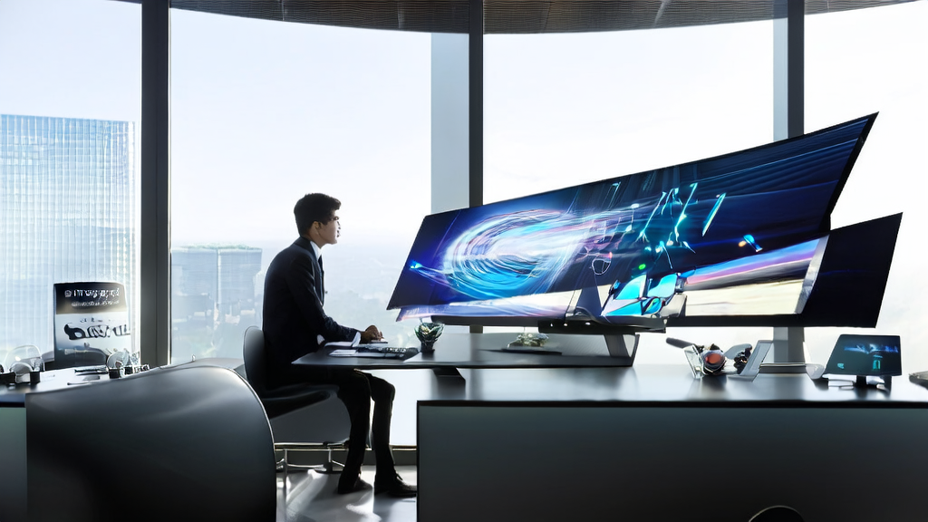 High-tech computer screen displaying AI-generated video in a modern office