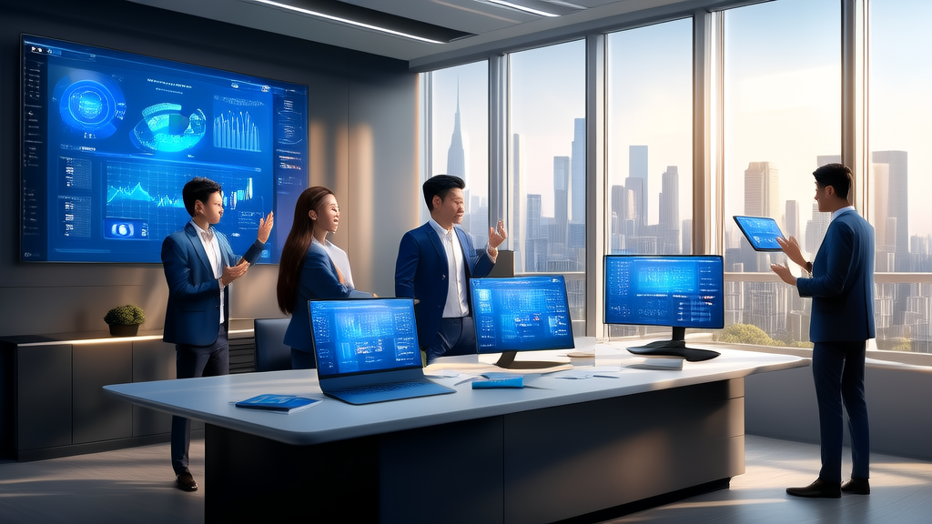 Modern office employees using Zhihuiya Eureka platform for AI voice recognition and data analysis