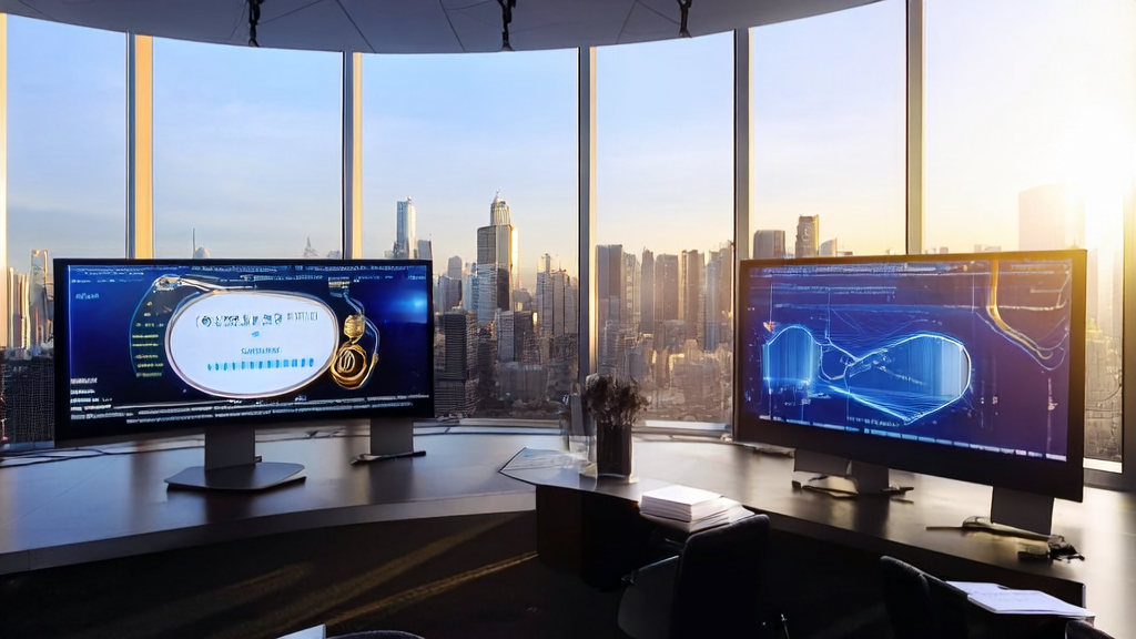 Modern office with a smart computer displaying the Alibaba Qwen interface, overlooking a bustling cityscape