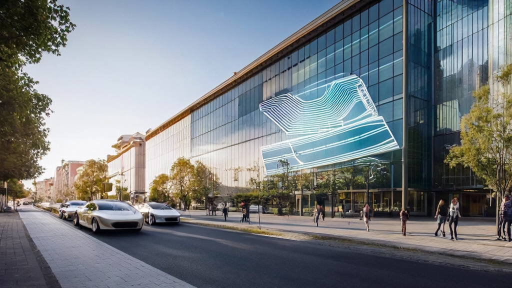 Scene of a modern office building with Google Maps customer data collection, showcasing the application of AI+marketing technology
