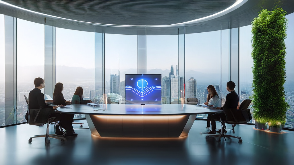 Employees in a modern office discussing GPT-5 email marketing strategies around a smart computer