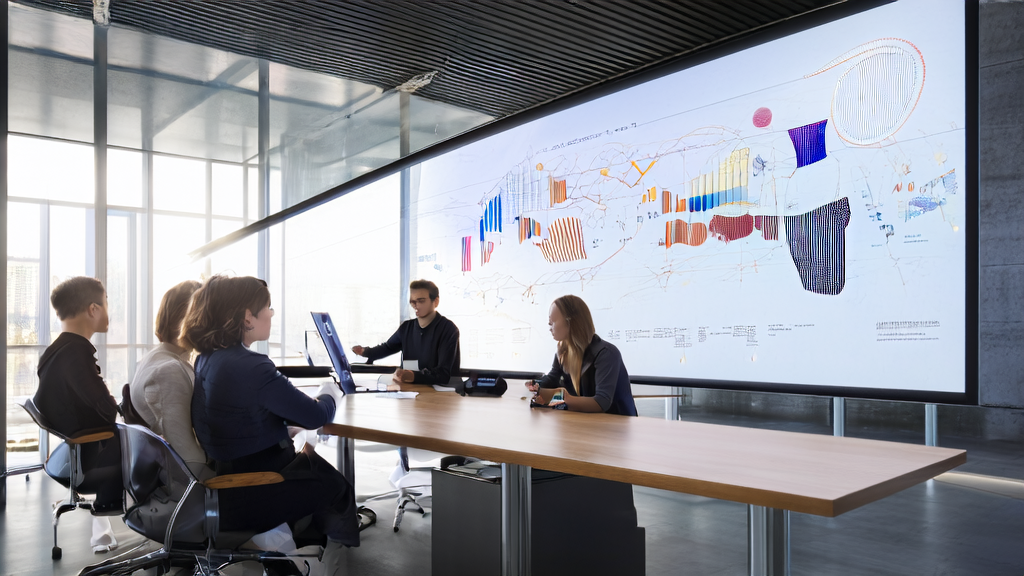 现代办公室内员工使用华为 WATCH 5 和 AI 技术进行精准获客分析