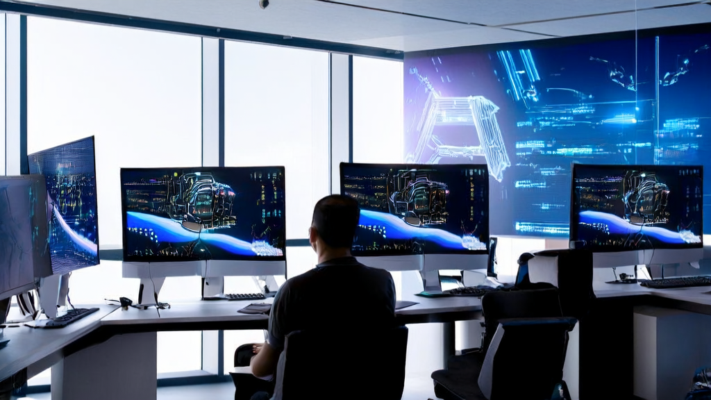 A modern office filled with technology, where programmers are using the NVIDIA Jetson Thor robotics computing platform for AI data analysis and personalized marketing strategy development.