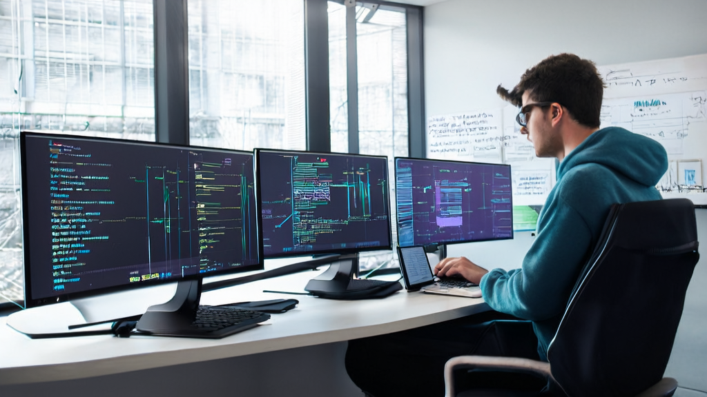 A programmer in a modern office is debugging the Kimi K2 high-speed version software, with multilingual email marketing content displayed on the screen
