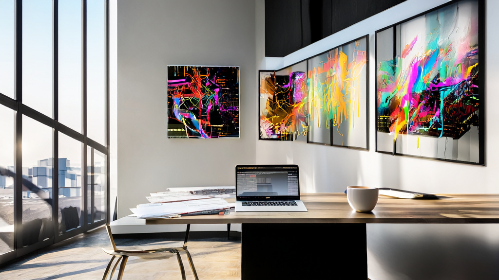 Modern office showcasing surreal art pieces generated by Krea1, creating a vibrant and creative work environment